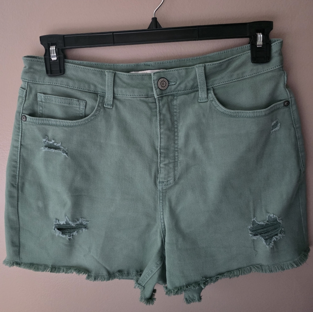 LC Lauren Conrad Green Jean Shorts Distressed Frayed Hem